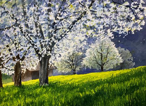 Daniel Gerhard, im Abendlicht, Landscapes: Winter, Plants: Trees, Realism, Expressionism