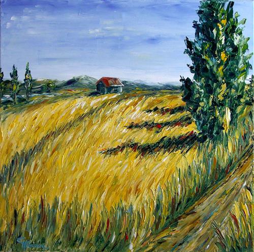 Claudia Hansen, Sommerlandschaft mit Pappeln, Landscapes: Summer, Plants: Trees, Post-Impressionism, Expressionism